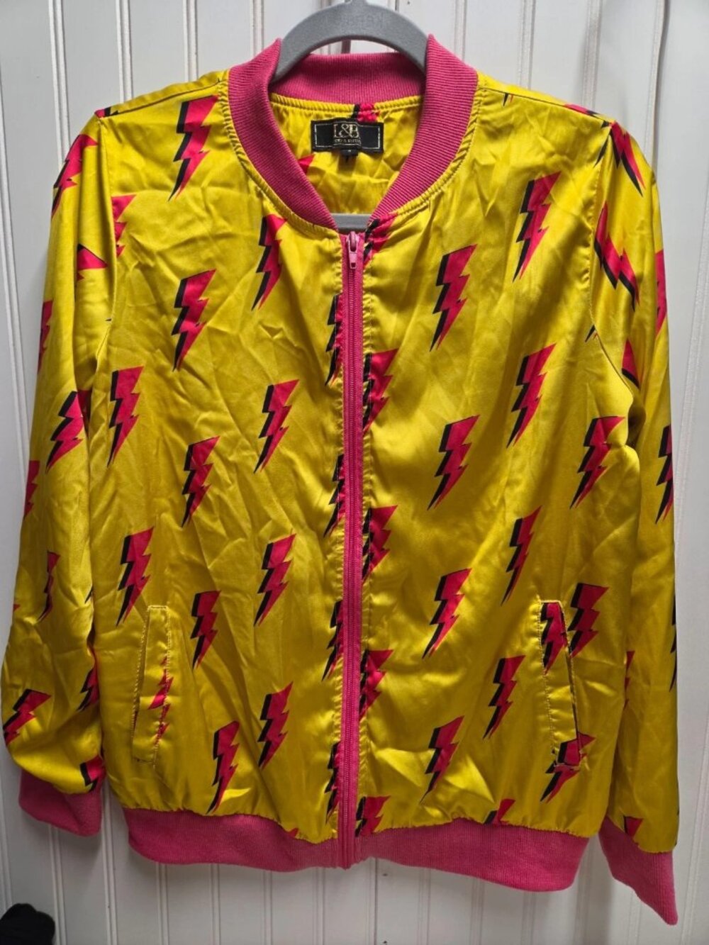 Y2K L&B Vintage pink and yellow lightning bolt bomber jacket UNISEX
